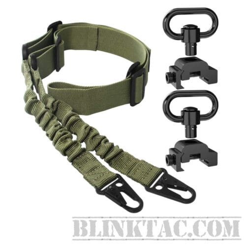 2 Point OD Sling with 2 PCS Picatinny QD Sling Mount, Push Button QD Sling Swivels Quick Release Sling Attachment Picatinny/Weaver Rail Sling Mount (OD GREEN)